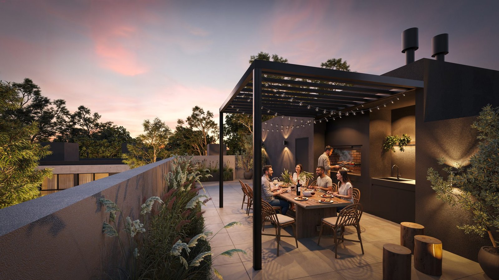 Terraza con parrilla al atardecer